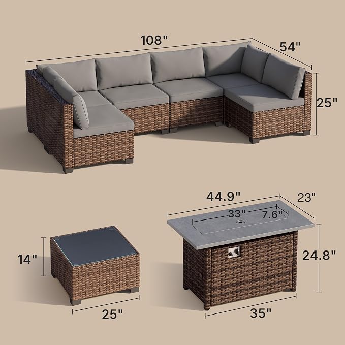 Ahomly 8 Piece Outdoor Patio Furniture Set with 44”Fire Pit Table, Outdoor Wicker Sectional Sofa Conversation Set with Cushions and Glass Coffee Table, for Backyard, Porch, Balcony, Grey