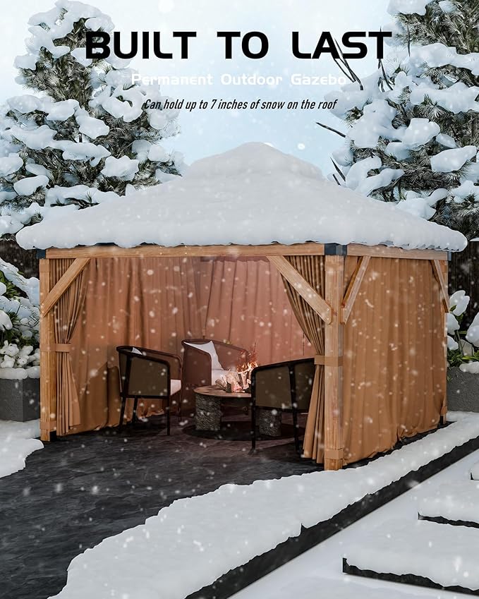 10'x10' Hardtop Wood Gazebo, Cedar Frame Outdoor Pavilion with Double Galvanized Steel Roof, Curtains and Netting Included, Ceiling Hook for Patio Backyard Deck Lawn Garden