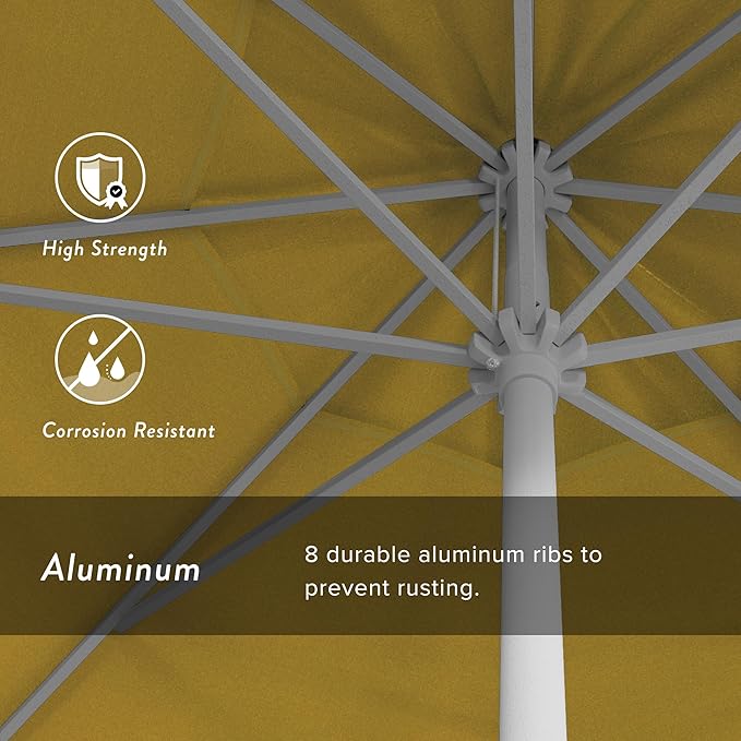 California Umbrella 12-Year Protection 9' Rd Aluminum Patio Umbrella, Crank Lift, Auto Tilt, White Finish, Sunbrella Sunflower Yellow
