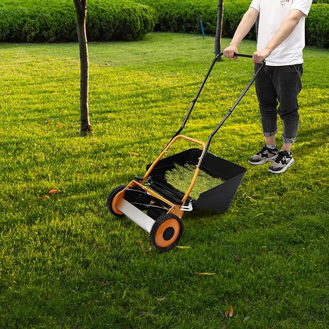 Reel Lawn Mower, 2-in-1 16-Inch 5-Blade Push Lawn Mower w/Grass Collecting Box, 0.47-1.65 inches Adjustable Cutting Height Manual Lawn Mower (16 Inch)