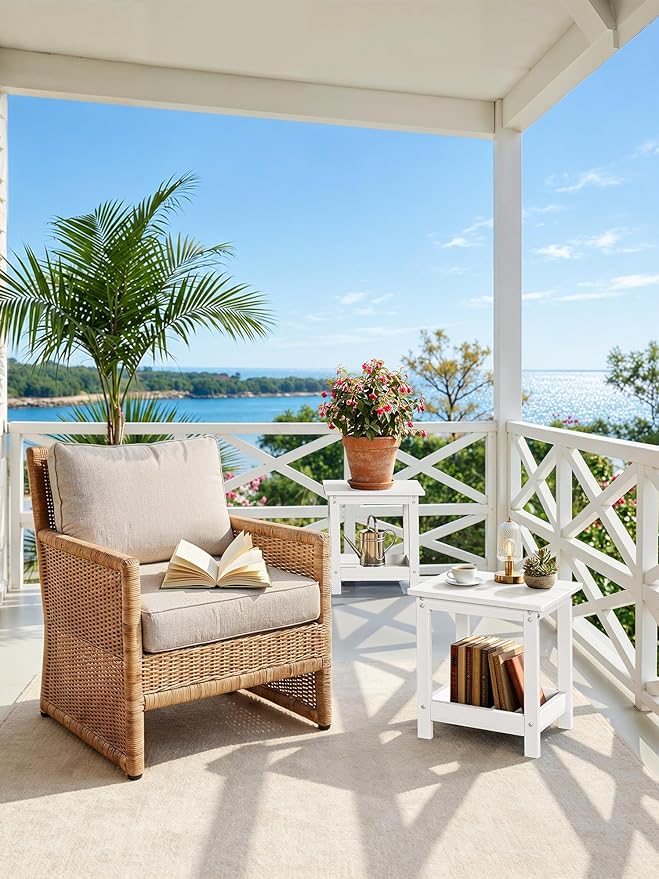 LUE BONA Outdoor Side Table, 2-Tier HDPE Small Outdoor End Table with Rail for Patio, Deck, Poolside, Low Maintenance & Weather Resistant, White