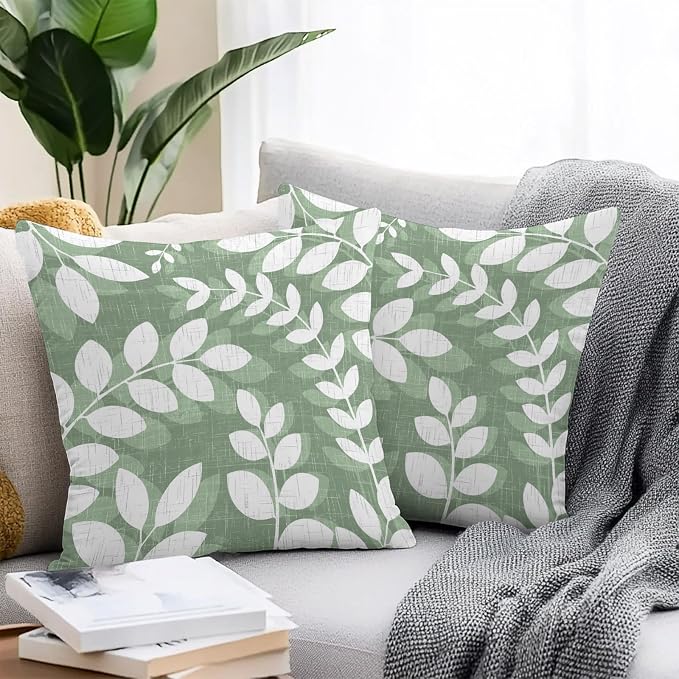 Green Leaves Outdoor Waterproof Throw Pillow Covers 20x20 Set of 2, Farmhouse Botanical Branch Vintage Boho Leaf Decorative Pillowcases Cushion Pillowcase for Couch Sofa Patio Outside Pillow Protector
