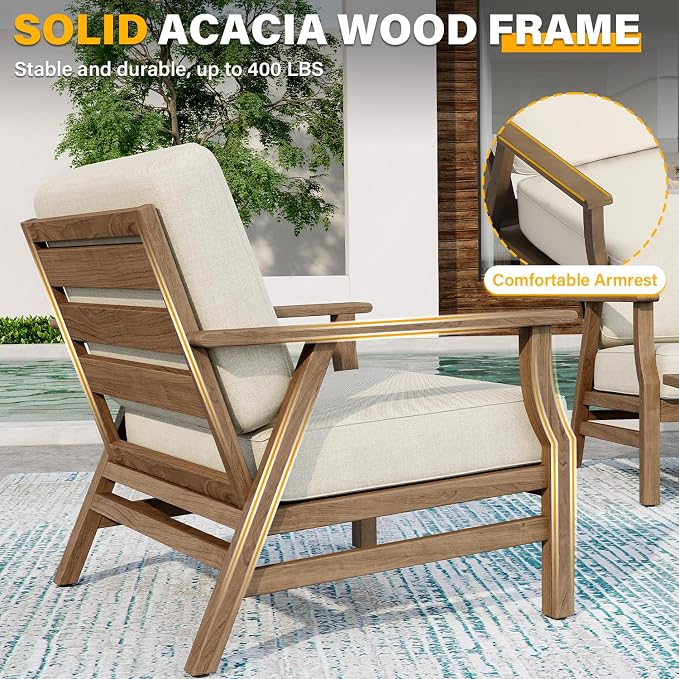 3 Piece Wood Patio Chair Outdoor Bistro Set, Outdoor Armchair All Weather Patio Sofa Furniture Backyard Conversation Sets with Wooden Side Table, Beige
