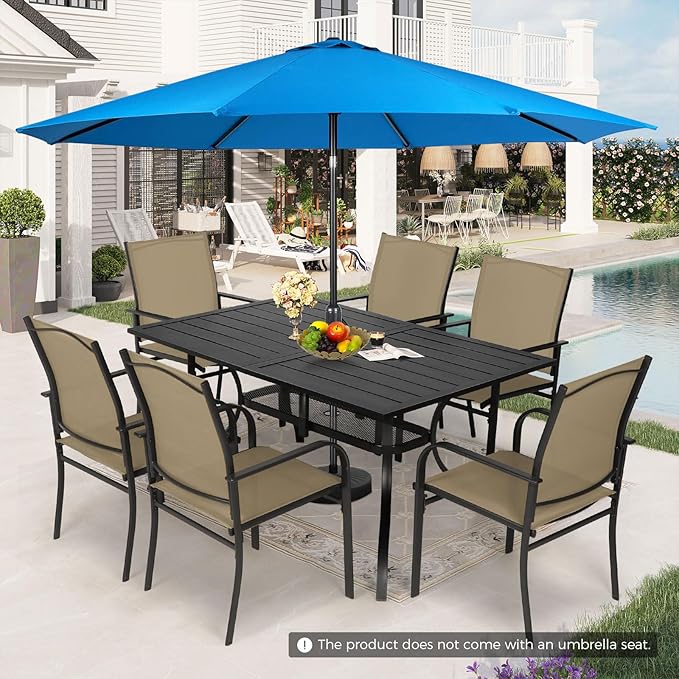 Incbruce 8 Pieces Patio Dining Set with Sky Blue Umbrella, Outdoor Dining Set of 6 Textilene Chairs and Rectangle Table with Umbrella Hole for Backyard, Garden, and Poolside (Brown)