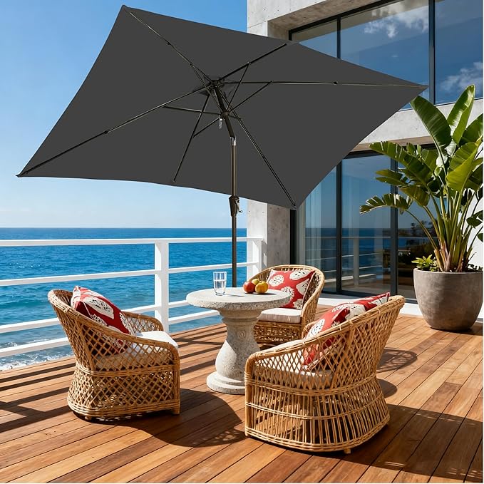 6.5x10FT Rectangular Patio Umbrella with Push Button Tilt & Crank Lift for Garden,UV Protection Outdoor Umbrella for Deck,Pool and Yard,Grey