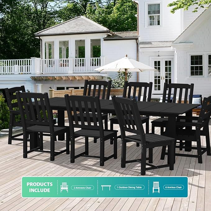 LOUNZY 9 Pieces Patio Dining Sets,Outdoor HDPE Furniture Set for 8 w/ 2" Hole Cut-Out Dining Table with 8 Patio Chairs(2 W/Armrest, 6 w/o Armrest),Black