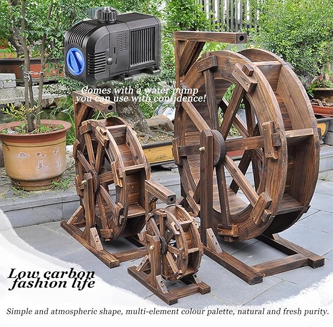 Water Wheel Fountain, Outdoor Decorative Water Feature for Garden, Balcony, and Pool Circulation, Wooden Ornamental Waterfall for Fish Pond