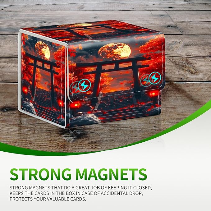 Card Deck Box for MTG, Cards Storage Box Fits 120+ Sleeved, Leather Small Size Strong Magnetic Closing Card Case for Board Games Magic TCG CCG Baseball Collection, Red Maple Leaf Moon