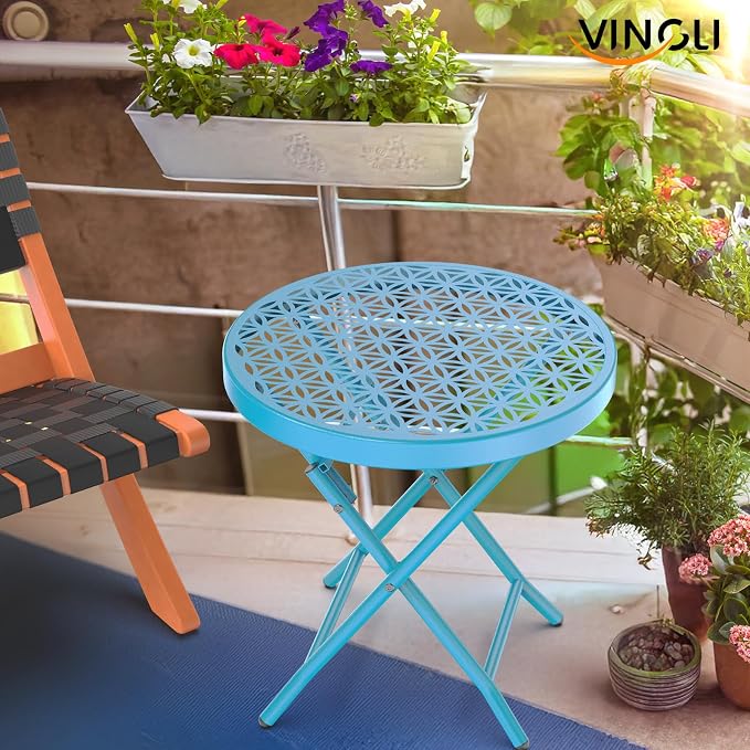 VINGLI Patio Folding Side Table, Small Outdoor Table with Everlasting Floral Pattern and Sturdy X-Shaped Metal Frame Ideal for Indoor & Outdoor Balcony, Porch, Backyard, Deck, Blue, 1 Pack