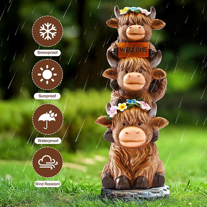 twinbling Garden Highland Cow Statue Solar Outdoor Decor | Flower Decoration Funny Triple Highland Cow Decor Birthday Gifts for Women Mom Figurine for Yard Garden Patio Lawn Ornaments