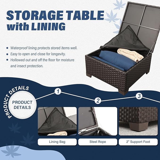 Patio Furniture Set 3 Pieces Outdoor Sectional Sofa Set Wicker Patio Furniture Outdoor Couch Outdoor Ottoman Coffee Table with Storage All-Weather Anti-Slip Cushions Waterproof Covers, Navy Blue