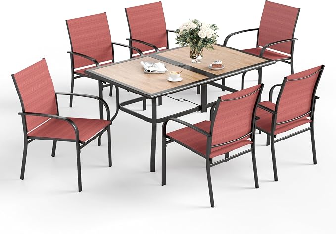SUNSHINE VALLEY 7 Pcs Patio Dining Set for 6, Rectangular Metal Dining Table (PVC Table Top) with Umbrella Hole and 6 Chairs, Outdoor Dining Set for Lawn Garden Deck, Red