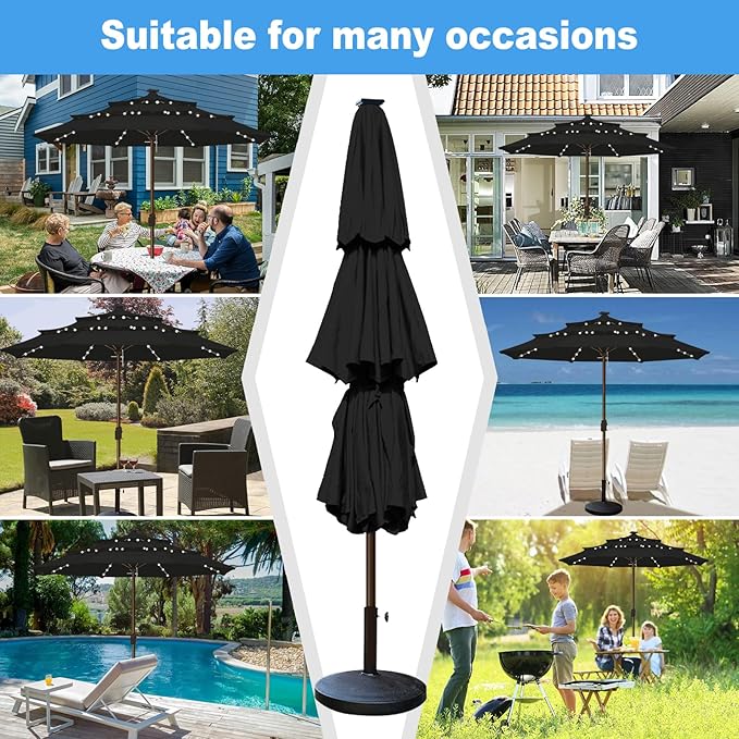 Eurmax USA 10-Year-Non-Fading 10FT 3-Tier Outdoor Patio Market Umbrella with LED Lights,UPF50+ UV Resistant,Commercial Grade,Crank Lift Design,Windproof Vented Top for Garden,Pool,Deck,Black