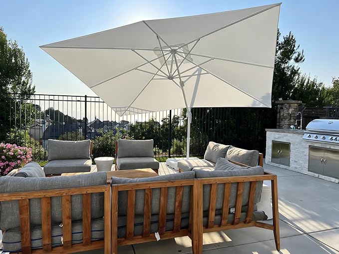 PURPLE LEAF 10' × 13' Patio Umbrella With Base White Cantilever Umbrella Square Outdoor Offset Umbrella Windproof with 360° Rotation for Garden Deck Pool, White