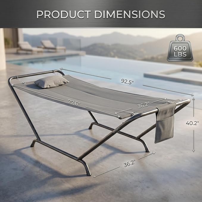 Freestanding Hammock with Stand, 600lbs Capacity Heavy Duty Outdoor Hammock Bed with Detachable Soft Pillow and Side Storage Pocket, Portable Gray Hammock for Patio Garden (Gray)