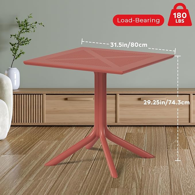 Costaelm Patio Dining Table for 4, Square PP Patio Table, 4-Person Weather Resistant Porch Tables for Outside Poolside Deck Lawn Garden Backyard, Red