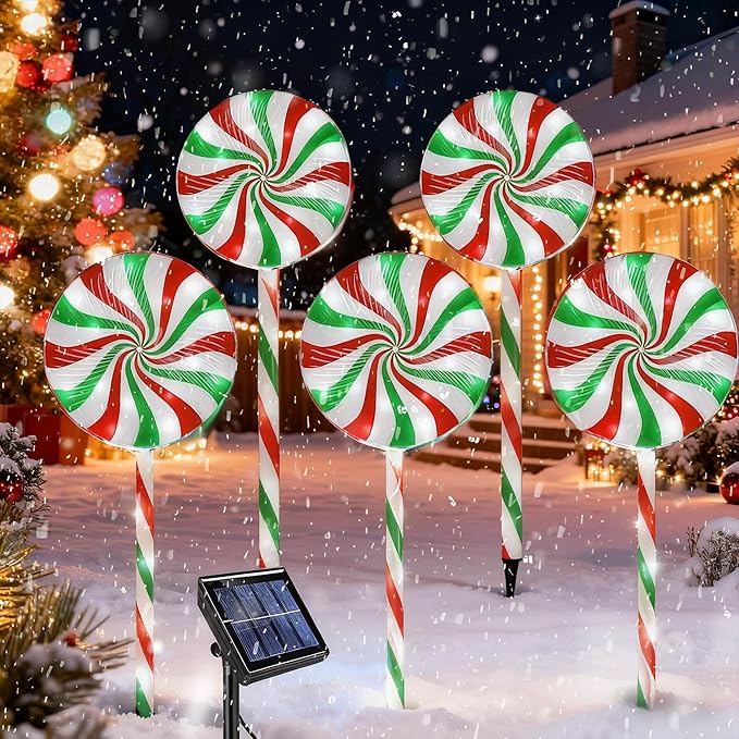 Christmas Solar Lollipop Pathway Lights 5 Pack Outdoor Candy Cane Stake Light with Bow Waterproof Walkway Xmas Outsides Garden Yard Lighting Landscape Decorative Decoration