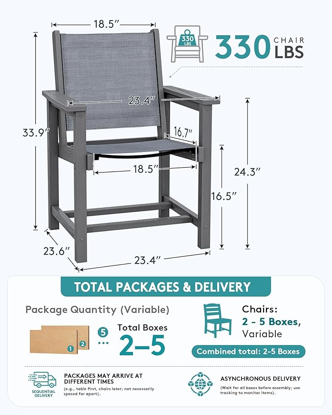 SERWALL Outdoor Dining Chairs Set of 2, All-Weather HDPE Textilene Sling Dining Chair for Backyard, Garden, Gray