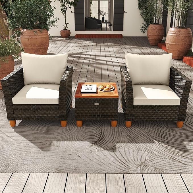 HAPPYGRILL 3-Piece Rattan Patio Conversation Set with Storage Table, Outdoor Wicker Sofa Furniture Set with Cushions for Balcony Backyard Porch