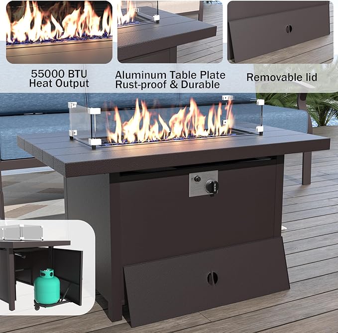 ALAULM Aluminum Patio Furniture Set with Propane Fire Pit Table - 10-seat Metal Outdoor Furniture w/Fire Pit Patio Sectional w/5.1" Cushions for Backyard, Poolside - Dark Blue