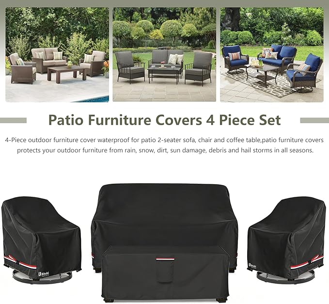 Bitubi Outdoor Waterproof Patio Furniture Covers 4-Piece Set for Swivel Rocker Chairs, Patio Loveseat 58in, Coffee Table 48in, Heavy Duty 600D Tough Canvas, Black