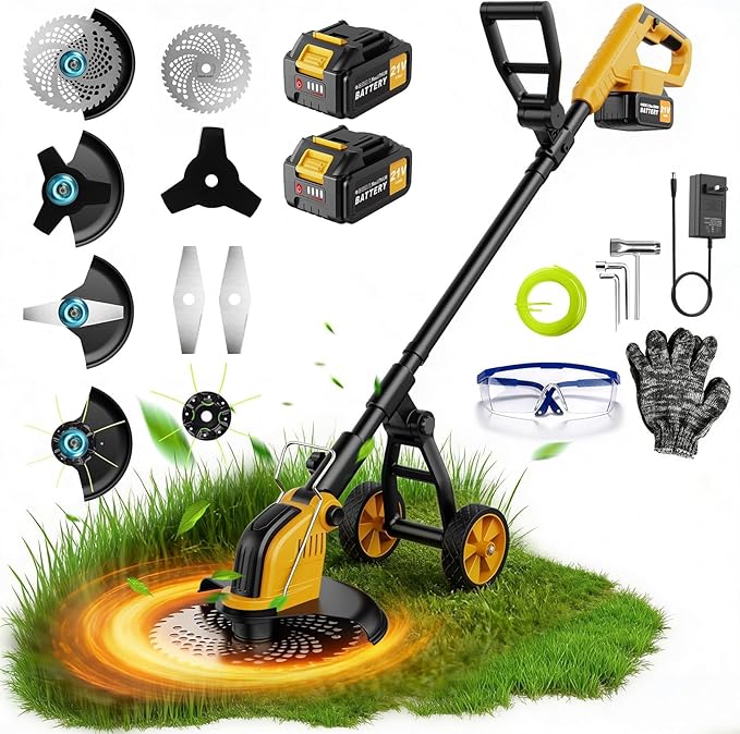 21V 800W Brushless Cordless Weed Wacker, 12 Inch Electric Weed Eater with Wheels, 2×3000mAh Batteries Included & 4 Cutting Blades for Lawn Garden Yard Maintenance