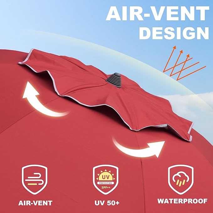 AMMSUN 7ft Beach Umbrella with Sand Anchor & Tilt, UPF 50+ UV Protection, Windproof Fiberglass Ribs, Portable Lightweight Outdoor Umbrella with Carry Bag for Beach, Patio, Pool, Camping Red
