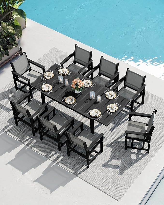 SERWALL Outdoor Dining Chairs Set of 2, All-Weather HDPE and Textilene Material Patio Chairs, Grey