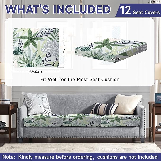 CALBODE 12 Pcs Stretch Outdoor Seat Cushion Covers, Washable Chair Seat Cover for Patio Furniture Cushions Soft Indoor and Outdoor Couch Cover Replacement (Green Leaves, Cover Only)