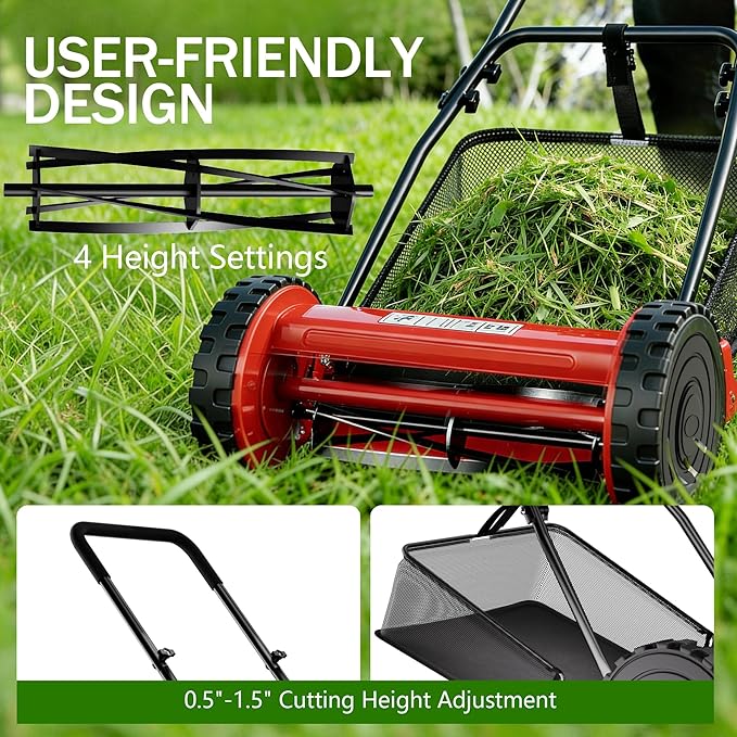 Garvee 14" Cordless Manual Reel Lawn Mower, Walk-Behind Push Mower with 5-Blade Cutting System, Durable Steel Frame, Adjustable Cutting Height, Comfort Grip Handle & 6.7-Gallon Grass Catcher