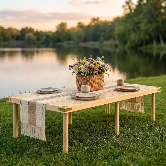 Low Picnic Table with 2 Adjustable Heights – Boho Wooden Picnic Table with Table Runner, 79" x 32" Size for 8, Portable & Foldable for Beach, Camping & Forest