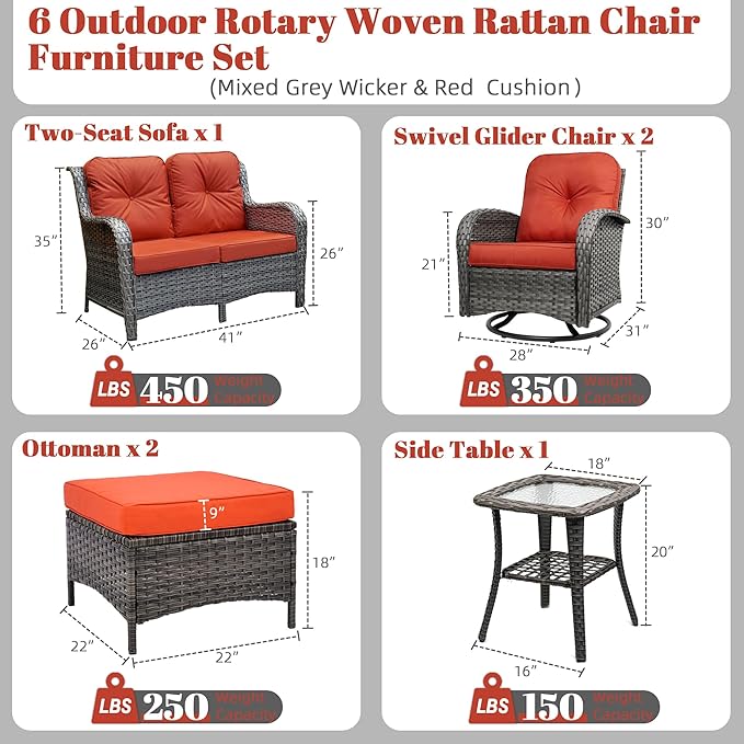 Patio Furniture Conversation Set with Ottomans, 6 Piece Wicker Patio Swivel Rocking Chairs with 360° Swivel Glider and Glass Coffee Table for Porch, Deck, Garden,Red
