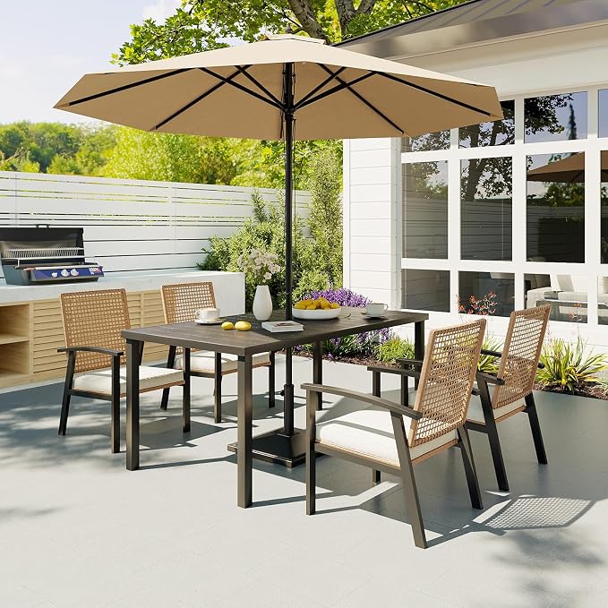 Aoxun 5-Piece Patio Table and Chairs Set for 4 with Umbrella Hole, Outdoor Dining Set with 6 Wicker Chairs and 1 Rectangular Metal Table, Patio Dining Sets with Soft Cushion for Backyard, Garden