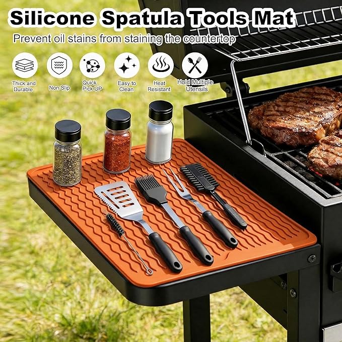 Silicone Grill Tools Mat for Blackstone Weber Traeger Pit Boss Flat Top Grill Smoker,BBQ Accessories Pad Mats for Outdoor Kitchen Counter Cooking, Side Shelf Spatula Mat,Gifts for Men (Orange)