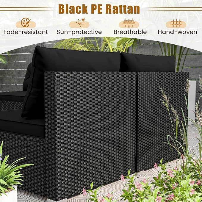 5 Pieces Patio Furniture Set, Outdoor Sectional Sofa with Acacia Wood Coffee Table & Cushions, Wicker Patio Conversation Set for Porch, Deck, Balcony, Poolside & Backyard (Black)