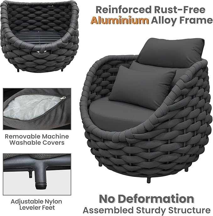 Aluminum Outdoor Patio Couch Set: 5 Pieces Woven Rope Porch Furniture Sofa Set - Metal Modern Deck Conversation Set - All Weather Assembled Courtyard Seating for Backyard Hotel Resort, Dark Grey