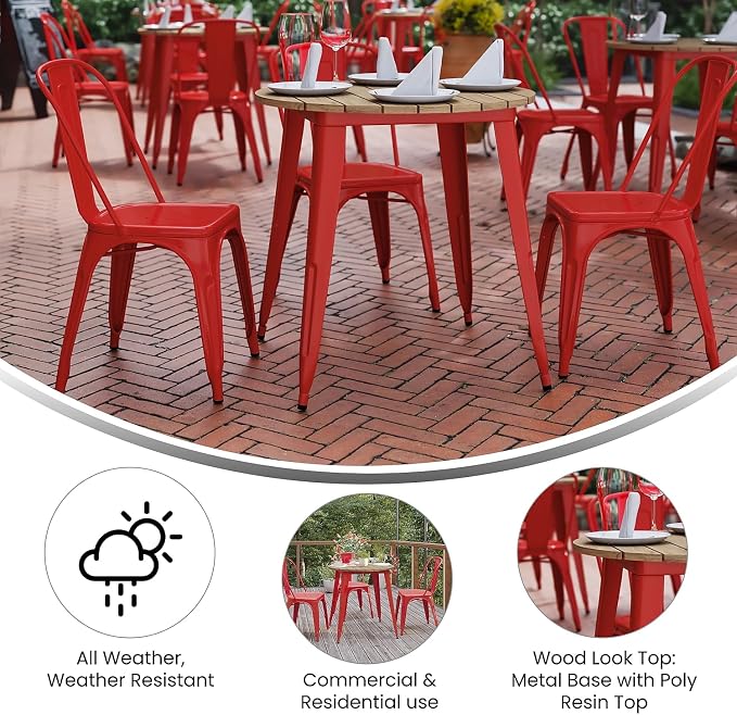 Flash Furniture Declan Commercial Outdoor Dining Table, All Weather Poly Resin Top with Steel Base, 30" Round, Brown/Red