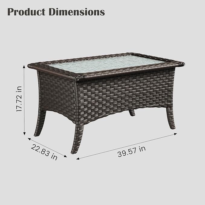 Sundale Outdoor Wicker Coffee Table, All Weather Rattan Patio Coffee Table with 39.57" x 22.83" Tempered Glass Top, Rectangular Tables for Patio, Backyard, Deck, Garden