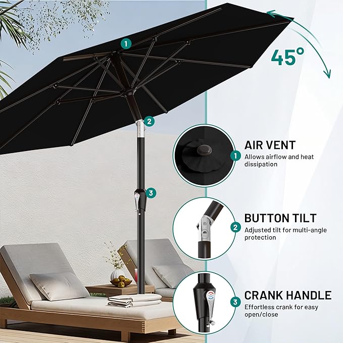 AreShark 10 FT Outdoor Patio Umbrella, Patio Table Umbrella with Push Button Tilt and Crank, Outdoor Patio Umbrellas with 8 Fiberglass Ribs, Patio Umbrellas for Market, Garden, Pool (Black)