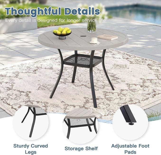 DIFY 5 Pieces Outdoor Patio Dining Set for 4, 40.6" Grey Wood-Like Round Dining Table and 4 Sandshell Stackable Sling Dining Chairs, Metal Outdoor Table and Chairs for Lawn Garden Backyard Deck