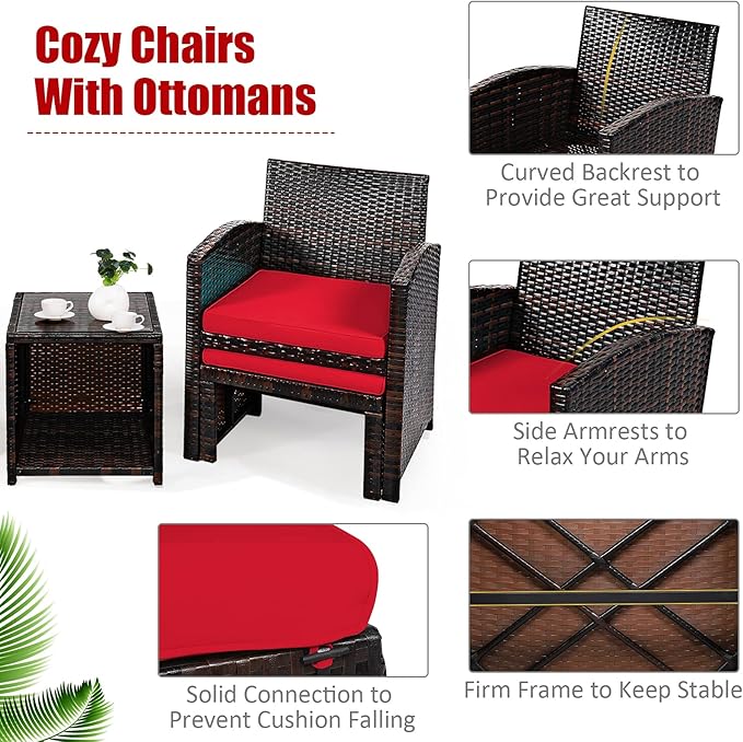 COSTWAY 5PCS Patio Rattan Wicker Furniture Set, Coversation Set with Side Table, Outdoor Cushioned Chairs with Ottomans for Backyard Deck, Red