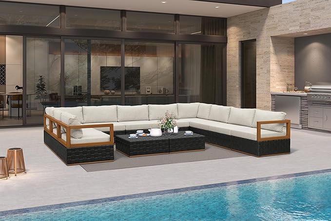 PURPLE LEAF Patio Outdoor Furniture Set 12 Pieces, Premium Leather Outdoor Couch Sectional Sofa, Patio Couch with Olefin Cushions, Patio Conversation Sets for Porch, Balcony, Garden, Black