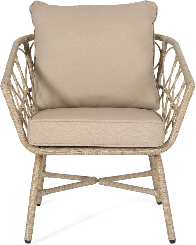 Christopher Knight Home Bruce Outdoor 3 Piece Chat Set with Cushion - Wicker - Light Brown/Beige
