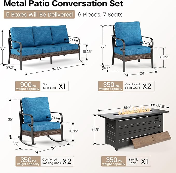 6 Piece Black Metal Outdoor Patio Furniture Sets with Firepit Table, Patio Conversation Set 1 3-Seater Sofa, 2 Leg Sofa and 2 Rocking Chair with 5.75" Cushion for Backyard Deck, Blue-2