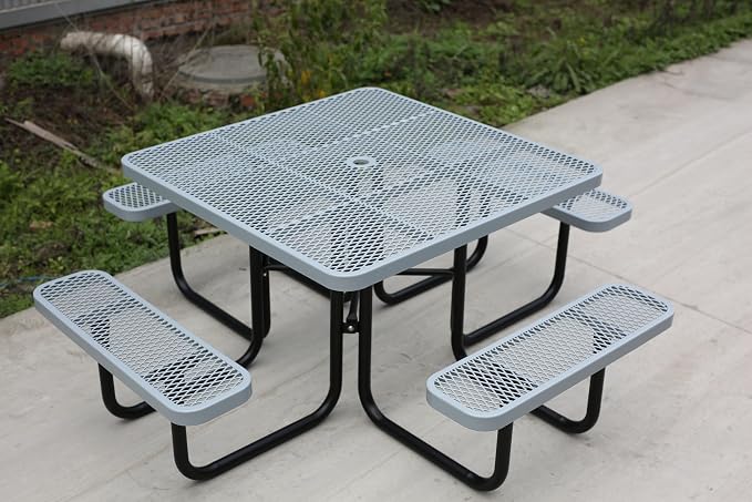 46Inch Square Picnic Table for 8 Person, Outdoor Heavy Duty Sturdy Picnic Tables with 4 Benches & Umbrella Hole, Commercial Metal Patio Picnic Table for Garden, BBQ, Coffee Store, Party, Porch (Grey)