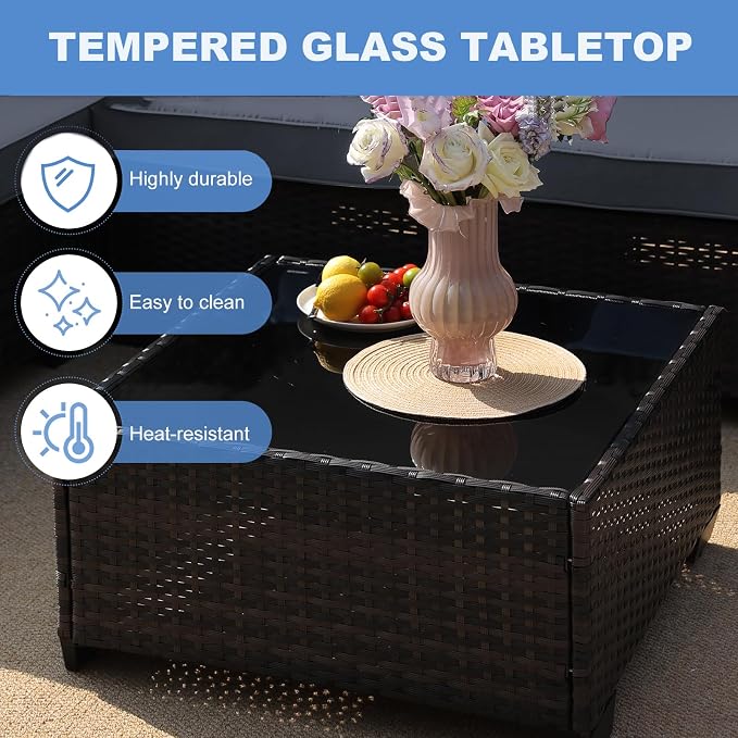 5 Pieces Patio Furniture Set, Wicker Outdoor Conversation Sets with Tea Table, Rattan Patio Sofa with Thick Cushions for Garden, Backyard Porch, Poolside, Party, Gray
