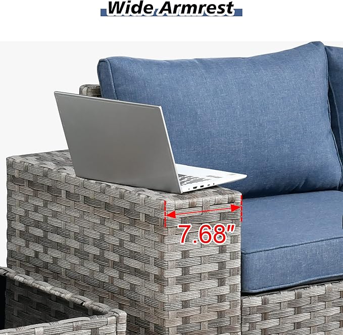 HOOOWOOO Outdoor Patio Sectional Furniture Sofa Set with Widened Armrest,6 Piece Small Modern Wicker Couch,Modular L Shaped Conversation Seating Set with Table for Out Door Garden Corner(Denim Blue)