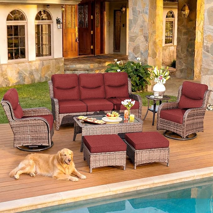 HILLGA Luxury Patio Furniture Set with 6-inch Thick Cushion, Outdoor Couch and High Back Swivel Rocker Patio Chairs, 7PCS Wicker Conversation Set for Deck Yard and Poolside, Burgundy (V2)