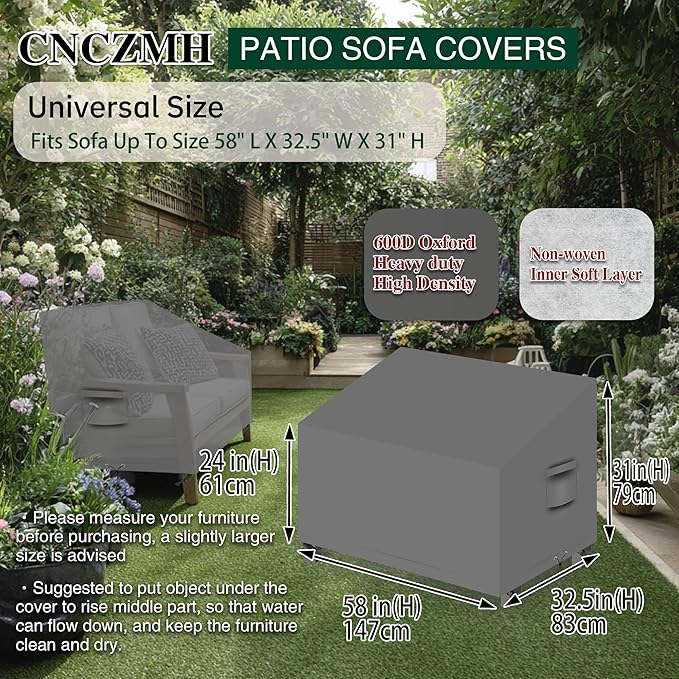 Heavy Duty Patio Sofa Covers Waterproof, Outdoor 3-Seater Couch Cover Waterproof, 600D Outdoor 2-Seater Loveseat Furniture Covers with Air Vent Handle 58''W x 32.5''D x 24''H/ 31''H Grey