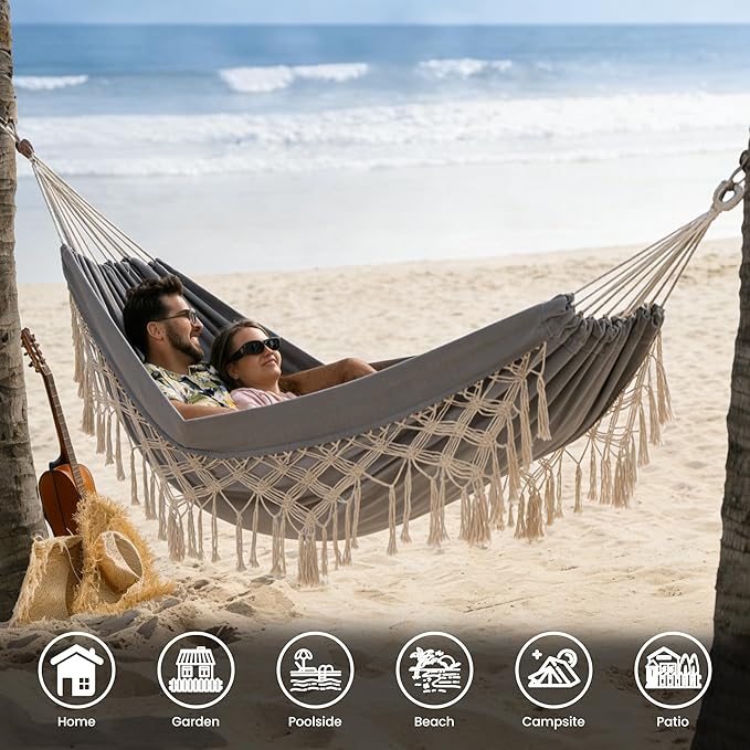 Lazy Daze Hammocks Extra Large Double Hammock, Portable Camping Hammock with Travel Bag & Tree Straps for Outdoor, Camping, Backyard, Patio, 550lbs Capacity, Light Gray